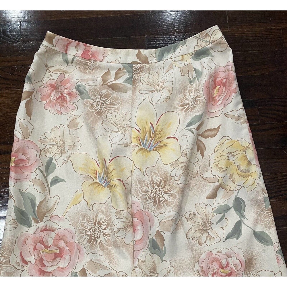 Talbots Petites Silk Blend Pants 14 Tan Pink Yellow Floral Straight Leg Side Zip - Picture 7 of 9